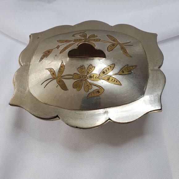 Vintage Silver Tone Brass Inlay Jewelry Trinket Box Floral Design Made in India - Picture 1 of 16